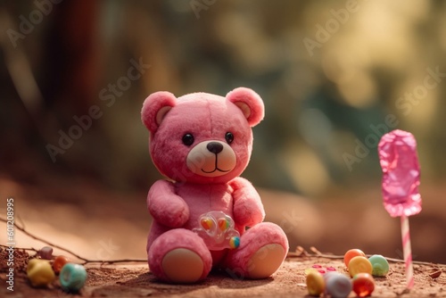Adorable pink teddy holds candy treat. Generative AI