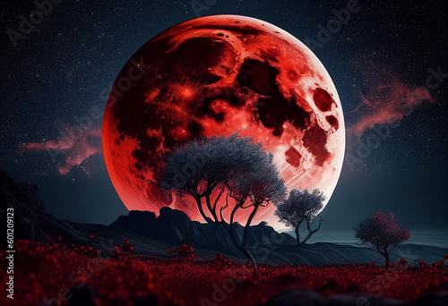 Red moon visible from planet earth, fantastic landscape. AI Generated