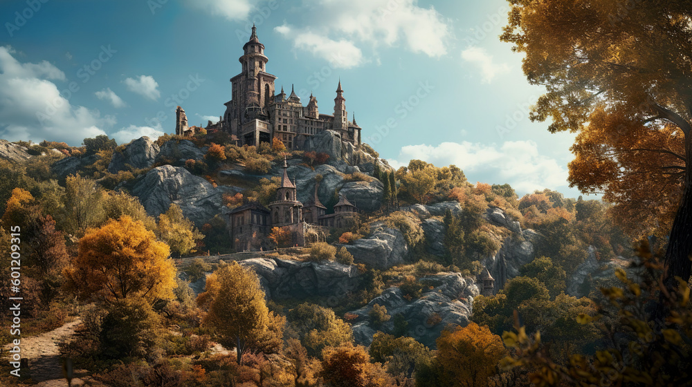 Medieval fantasy city standing atop a high hill