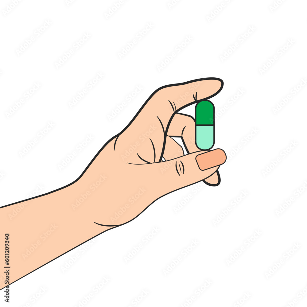 Hand holding green pill, vector illustration. EPS10.