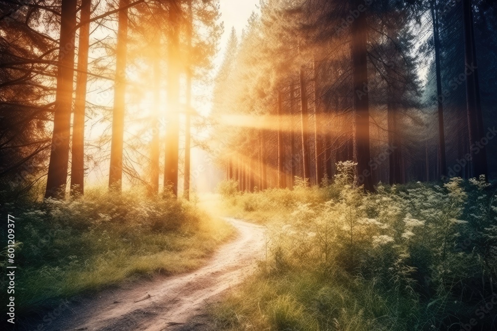Obraz premium sun rays shining through the dense trees of a lush forest Generative AI