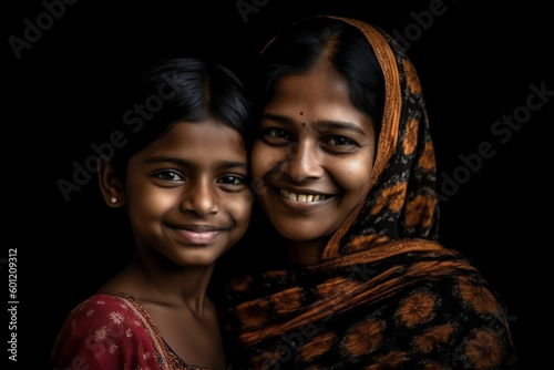 Indian mother and child smiling on a black background