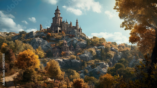 Medieval fantasy city standing atop a high hill