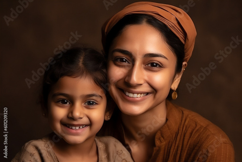 South asian mother and daughter smiling on a brown background