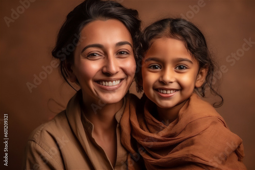 South asian woman and daughter smiling on a brown background