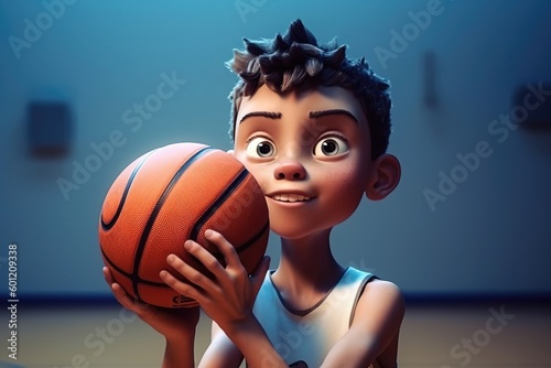 closeup portrait on dark background of beautiful active basketball player child in jersey uniform holding a basketball ready to play - Generative AI © sizsus