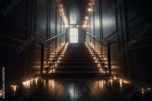 A 3D illustration of a lengthy staircase leading to a light source. Generative AI