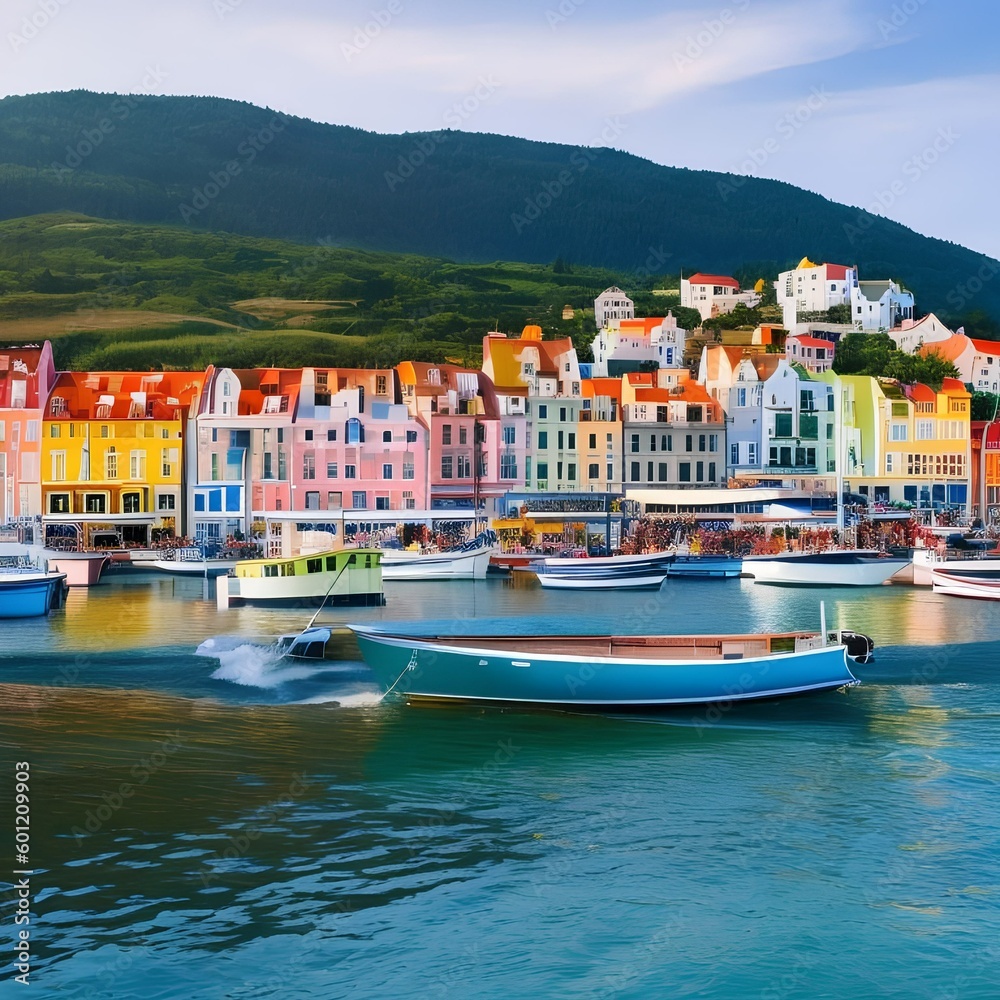 A beautiful seaside town with colorful buildings and boats in the harbor4, Generative AI