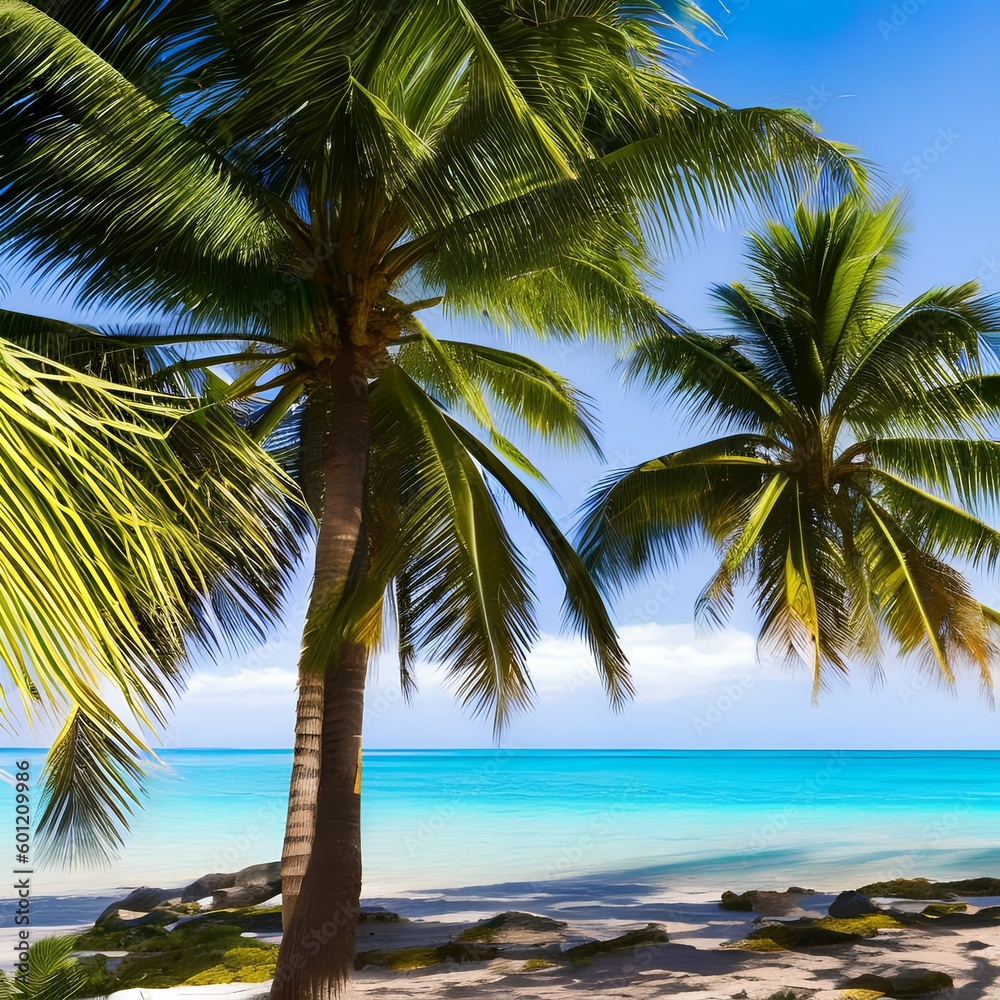 Fototapeta premium A tropical beach with crystal clear blue water and palm trees swaying in the breeze5, Generative AI