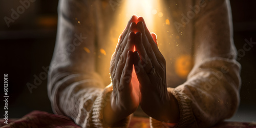 Hands of prayer with mystic light inside. Generative AI