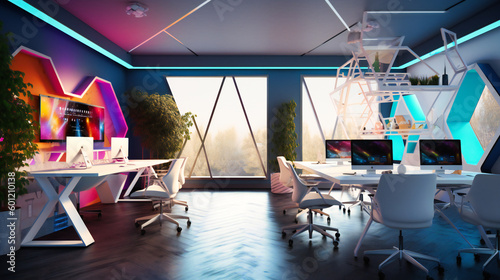 A colorful office with chairs and desks