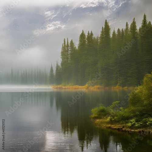 A tranquil lake with a misty fog hovering above the surface1, Generative AI