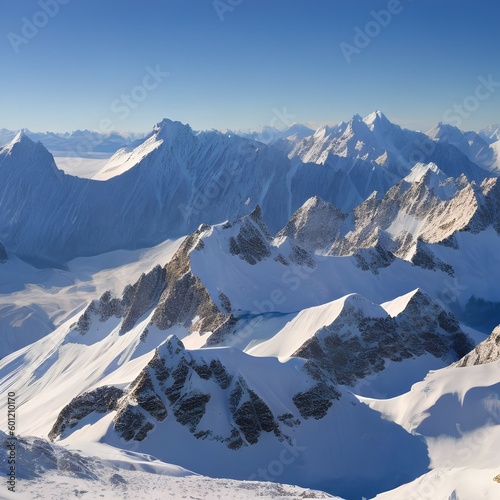 A snowy mountain range with powdery snow and a bright blue sky4, Generative AI