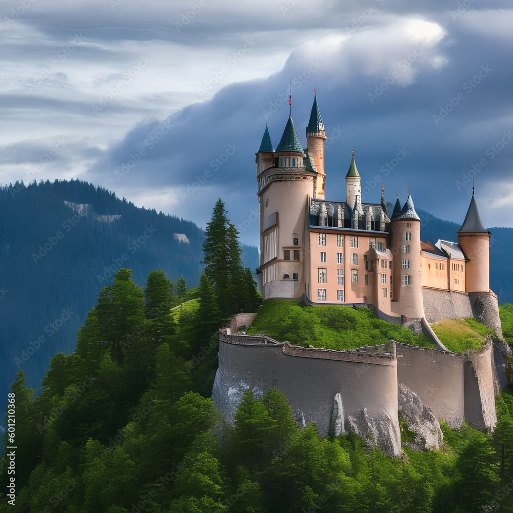 A majestic castle on a hill with a cloudy sky in the background3, Generative AI A majestic castle on a hill with a cloudy sky in the background3, Generative AI
