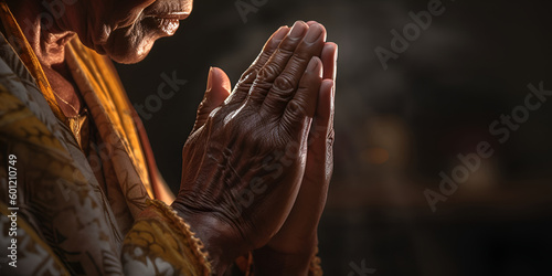 wise old black woman prays, prayer hands illuminated by light. Generative AI