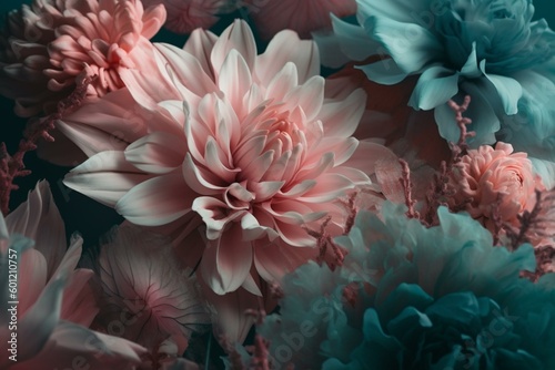 Abstract digital artwork featuring flowers with soft pink and teal tones. Generative AI
