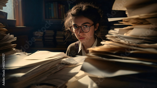 A person is hiding behind a pile of documents photo