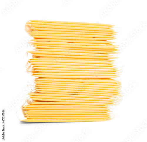 Stack of tasty processed cheese on white background