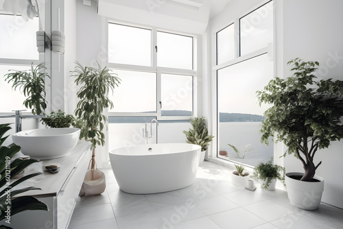 Big white bathroom interior design with big window and sea view  many indoor green plants  biophilic interior. Generative AI