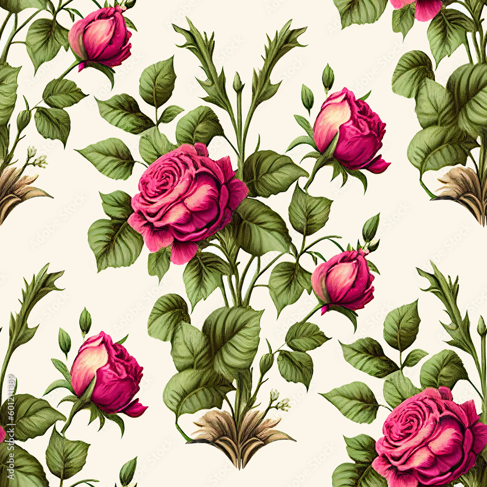 Seamless pattern with roses. Elegant vintage floral background with pink rose bouquet, flowers, leaves. Fashionable textile print. Illustration created with generative AI tools. Repeating design