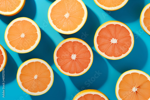 fruit pattern, fresh orange slices on blue background, spring, summer cocept. Generative AI