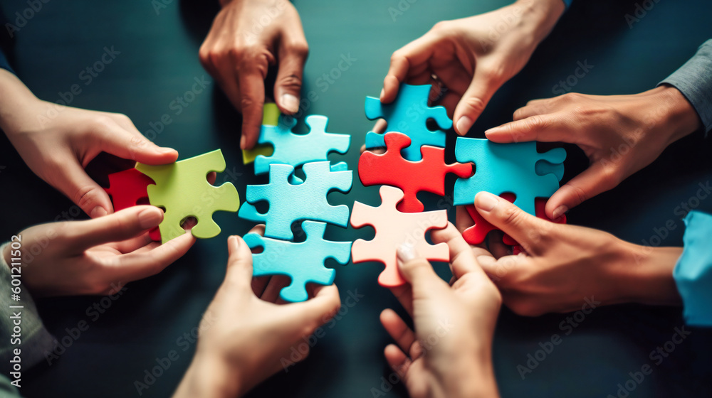 Human hands holding one piece of puzzle with colorful pieces in the middle for team idea Human hands holding one piece of puzzle with colorful pieces in the middle for team idea
