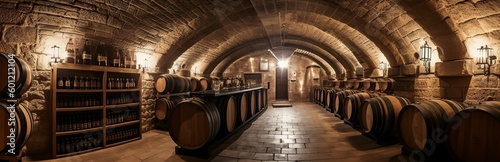 illustration, cellar with wine barrels, website header, ai generative.