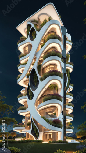 Landscape of a sci-fi futuristic architecture style vertical village residential building in nature, surrounded by lush deciduous vegetation, at midnight - Generative AI Illustration