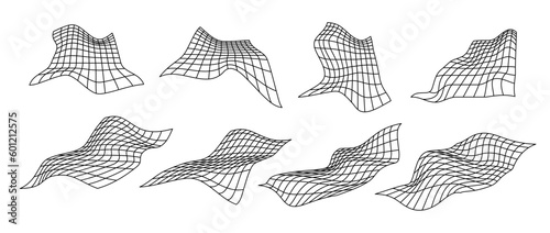 Distorted perspective grid pack. Glitch rectangle plane set. Wavy futuristic elements bundle. Ripple wireframes net collection. Vector abstract deformed background. 