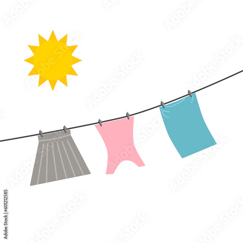 Illustration vector t-shirts hanging on a clothesline on a windy day, banner.