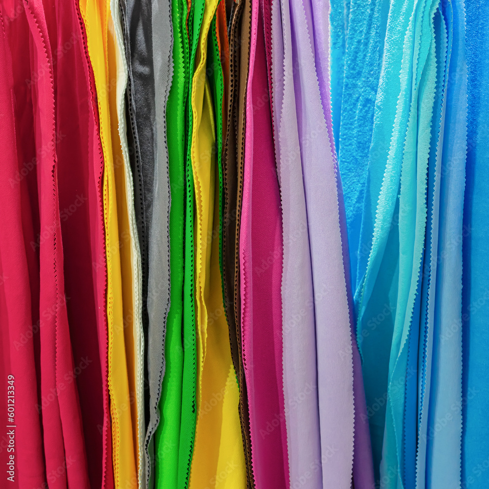 Samples of vivid colorful fabrics in different colors