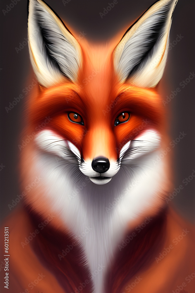 Obraz premium Portrait of a red fox. The head of a beautiful forest animal. Smart look of a dodgy fox, a skillful predator and an elegant animal, generative AI