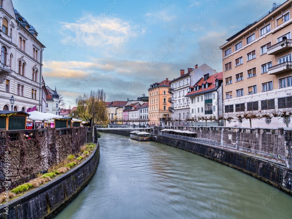 winding Ljubljana River and colorful historic houses on the river bank, Slovenia