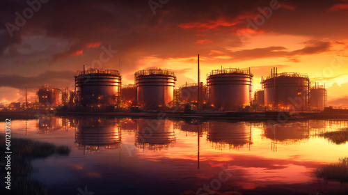 Oil refinery at sunset with oil production tanks on the water
