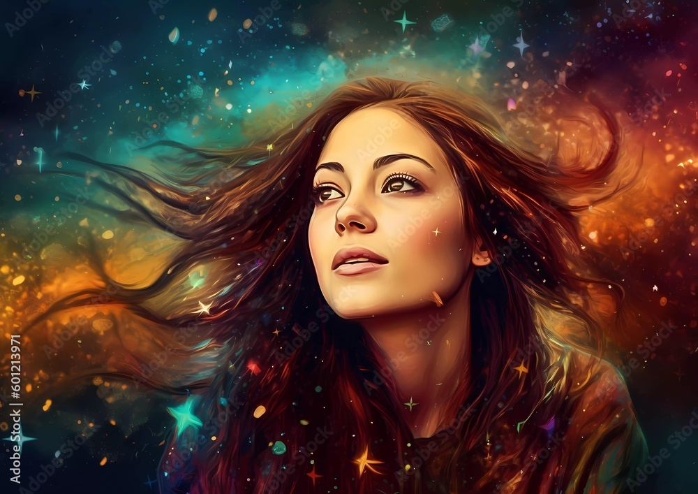Portrait of a woman in front of a colorful starry sky with flowing hair, stars, Portrait of a woman in front of a colorful starry sky with flowing hair, stars,