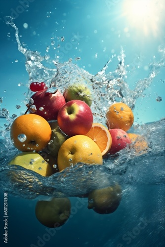 food drop apple healthy fruit strawberry background water fresh vitamin green. Generative AI.