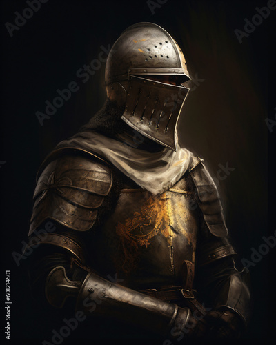 A medieval knight in armor isolated on a black background Generative Ai