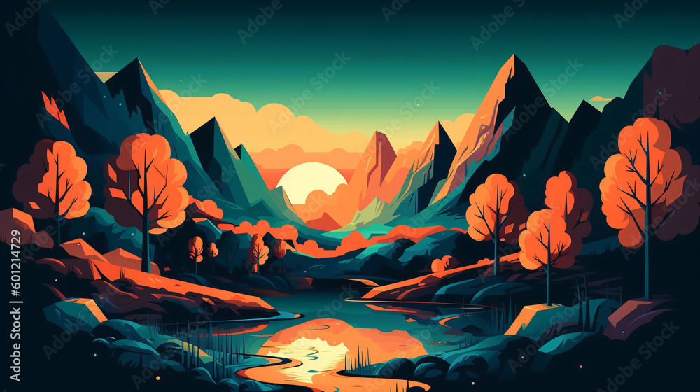 Mountains and a river at sunset flat design vector illustration Generative Ai Mountains and a river at sunset flat design vector illustration Generative Ai