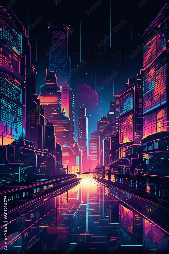A city at night with neon pink and blue lights cyberpunk synthwave style Generative Ai