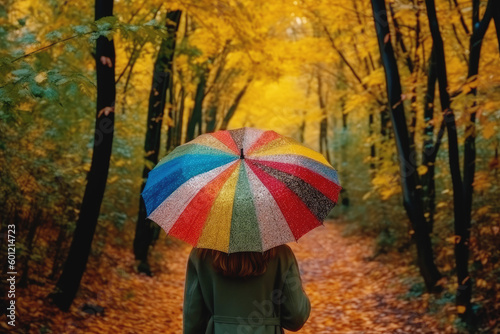 Woman with colorful umbrella walking trough autumn forest  back view