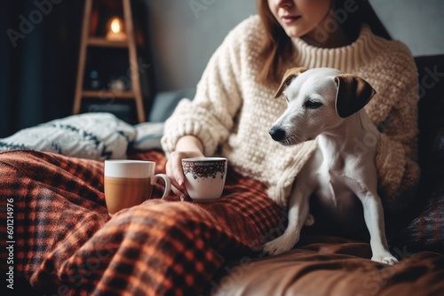 Cozy woman in knitted winter warm sweater with her dog and coffee during resting on couch at home in Christmas holidays.