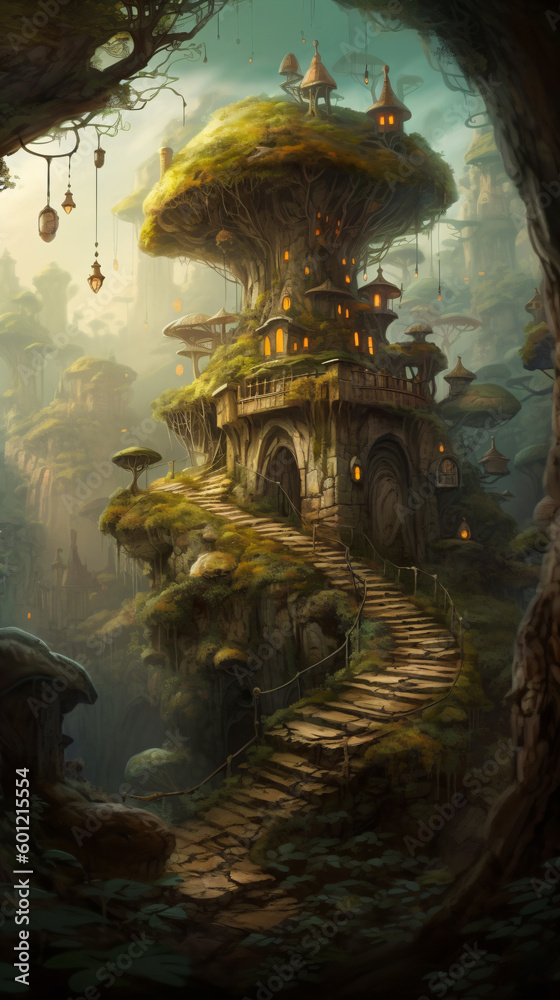 A fantasy gnome tree house in the middle of a forest Generative Ai