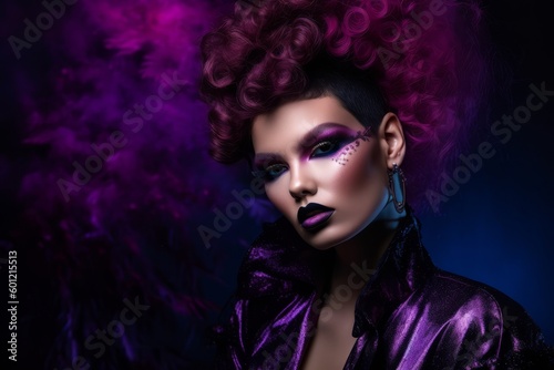 A model wearing makeup with a purple amethyst-colored palette, against a textured background, with a sense of bold and playful beauty. Concept of experimentation and creativity. Generative AI © bluebeat76