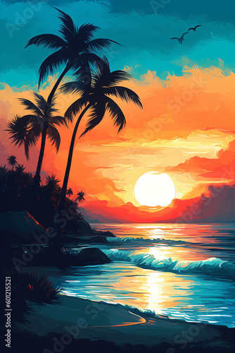 A tropical sunset with palm trees flat design vector illustration Generative Ai © Eduardo