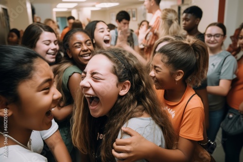 A crowded hallway filled with students laughing, talking and hugging as they celebrate the last day of school. Capture emotional moments and friendships. Generative AI