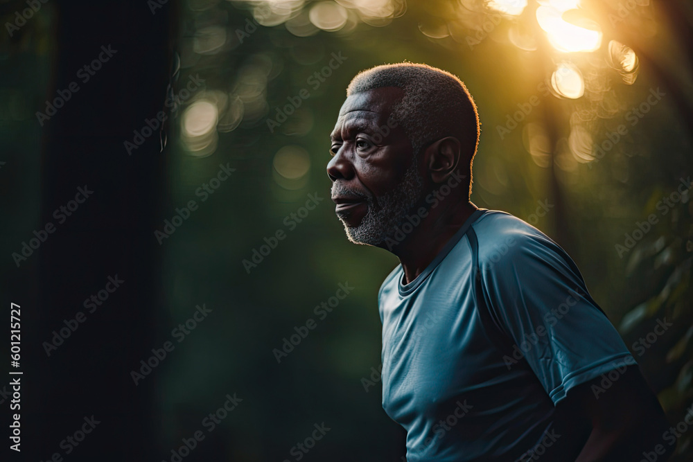 Portrait of an older african american man running at dusk in the park, Generative AI