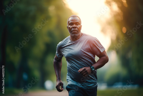 Middle aged african american man running at dusk in the park, Generative AI