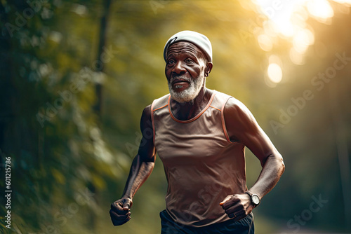 Portrait of an older african american man running at dusk in the park, Generative AI