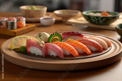 Sushi rolls on a wooden table. AI Generated.