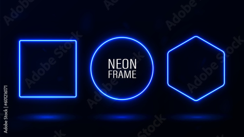 A set of blue neon frames: round, square and diamond on a dark background.